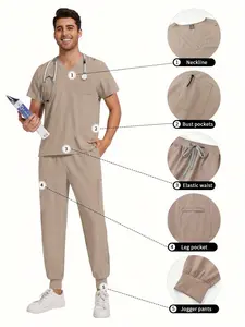 New Multicolor Two Pcs Set Men's Scrub Suit Nurse Uniform V Neck Short Sleeve Scrub Top Jogging Pants Work Clothes Workwear Doctor Scrub Uniform