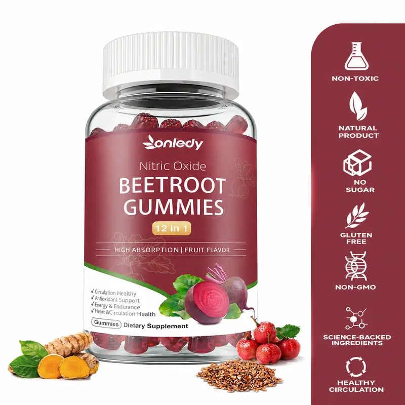Onledy 12-in-1 Nitric Oxide Beet Root Gummies,Grape Seed Extract,Coq10,D3K2 Natural Help for Energy & Endurance, Strawberry Flavor 60 Gummies Supplement Healthcare, Vitamin, Organic, Dietary