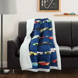 Lush Decor Race Cars Throw Sherpa 60x50 inches Printed Linen Texture Soft Sherpa Reverse for Kids Bedroom or Playroom