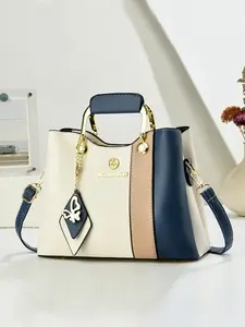 Elegant Women's Handbag, Patchwork Colorblock Shoulder Bag, Fashionable Versatile High-End Crossbody Bag with Charm Pendant