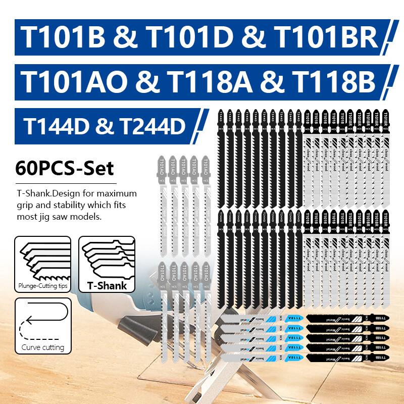 60 Pcs T-Shank Jigsaw Blades Set | Combination Saw Blade Kit for Wood Plastic Metal Cutting | Heavy Duty Multi-Material Scroll Saw Blades with Storage Case