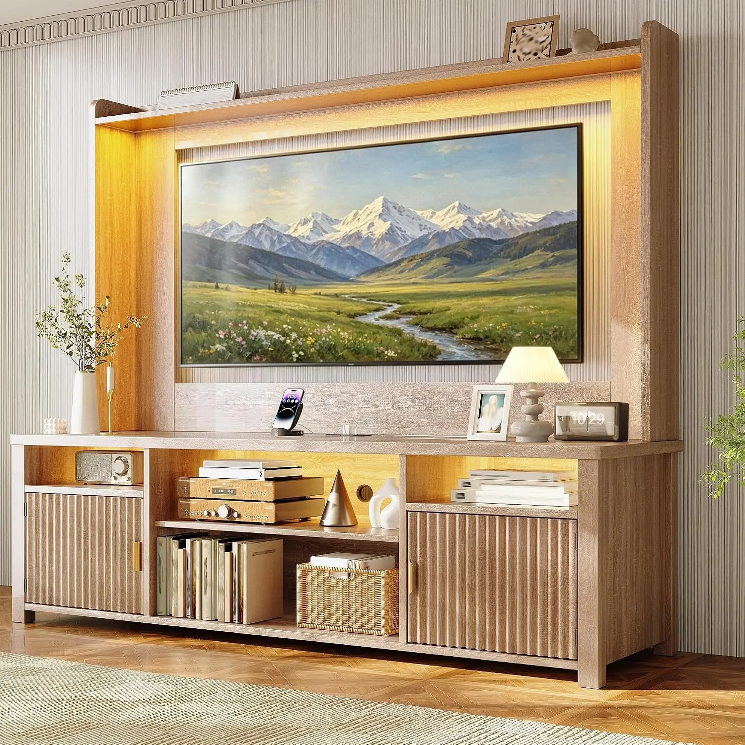 Raybee Mid-Century Modern Wall Unit Entertainment Center for 65 70 inch TV, 63" Fluted Wooden TV Stand with Power Outlet & LED Lights, Large Oak Media Console Hutch, Wall Storage Cabinet with Shelves & Magnetic Doors for Living Room