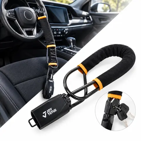 Joytutus 5mm Braided Steel Steering Wheel & Seat Lock, PVC Auto Anti-Theft Security Device, 3 Keys, Small Lightweight, Easy to Use Adjustable Easy-Install Accessory, Compatible with Cars/SUV/Trucks