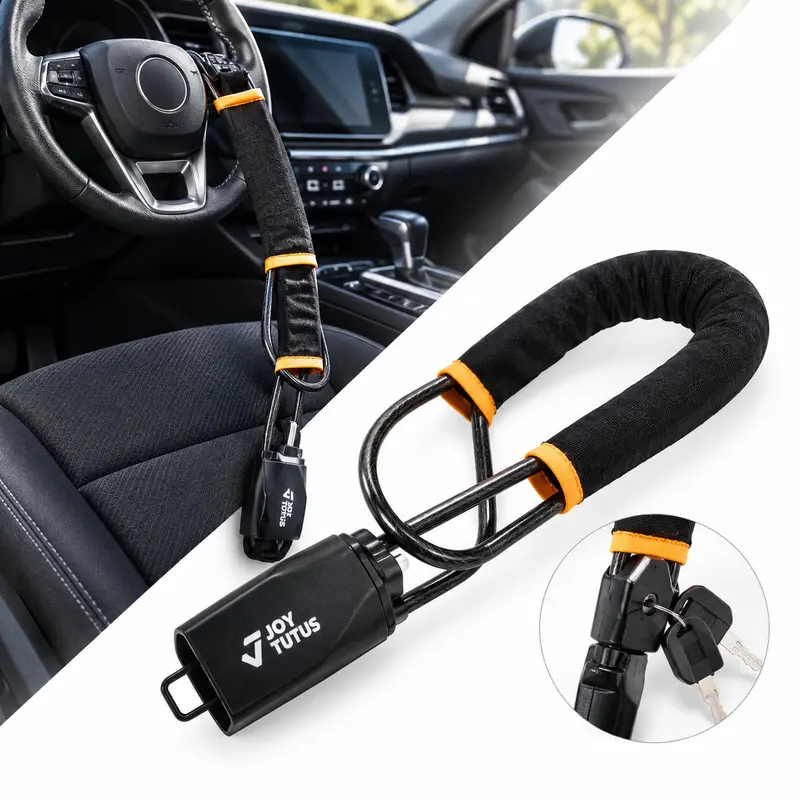 Joytutus 5mm Braided Steel Steering Wheel & Seat Lock, PVC Auto Anti-Theft Security Device, 3 Keys, Small Lightweight, Easy to Use Adjustable Easy-Install Accessory, Compatible with Cars/SUV/Trucks