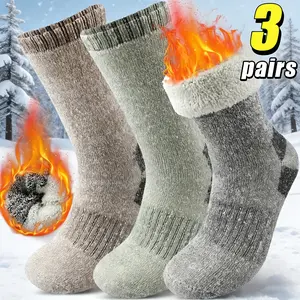 3 pairs of men's extra-thick winter socks, anti-cold and warm snow socks/boot socks, durable mid-calf socks, comfortable hiking socks, high-elasticity knitted socks with thick fleece lining, suitable for cold weather.