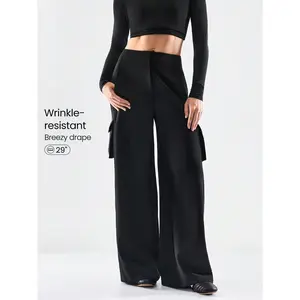 GLOWMODE 26" Cool Cargo Woven Wrinkle-Resistant Side Pockets Elastic Waistband Cargo Wide-Leg Pants Autumn Winter Daily Casual Wear