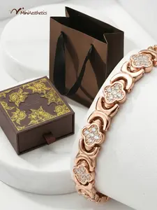 Solid copper magnetic bracelet in gift box, women's style, 3800 gauss effective magnets, inlaid with crystals, rose gold four-leaf clover design, fashionable stackable bracelet, spring essential, adjustable, perfect gift.