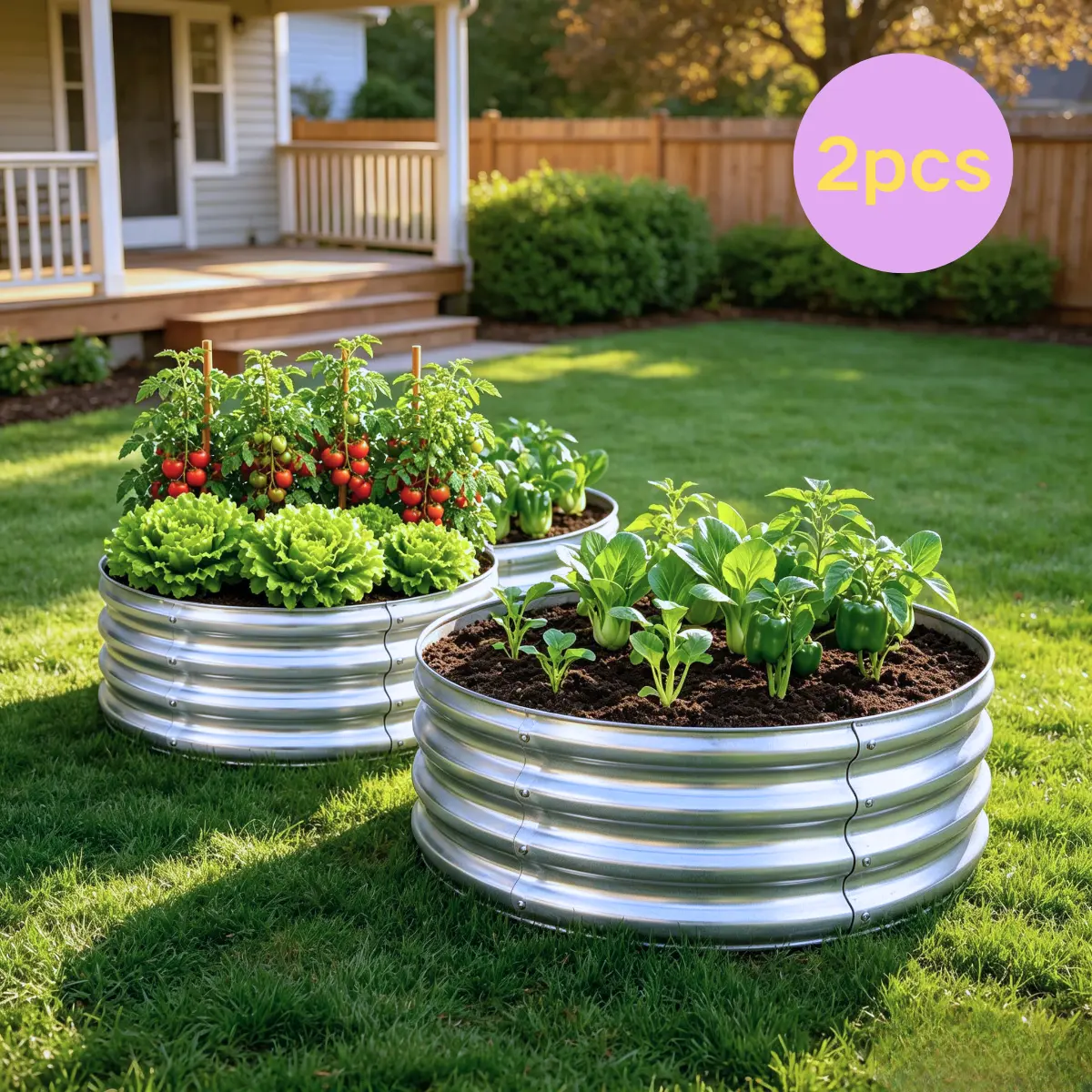 2-Pack Galvanized Steel Raised Garden Beds - 24in Round Heavy-Duty Elevated Planter Boxes for Gardening, Outdoor Vegetable & Herb Porch Planters with Open Drainage, 10-min Easy DIY Assembly, 2-Pack Value for Rooftop Beginners
