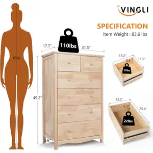 Unfinished 6 Drawer Dresser, Natural Solid Wood Dresser Color DIY, Upgraged Rustic Farmhouse Tall Dresser with Spacious Storage Chests of Drawers with Full Extension Drawer Slides