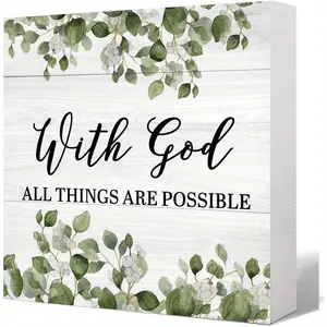 "With God All Things Are Possible" Matthew 19:26 Sign - Rustic Christian Wood Block Decor - Bible Verse Plaque for Home, Desk, Shelf - Religious Gift (5x5 Inch)