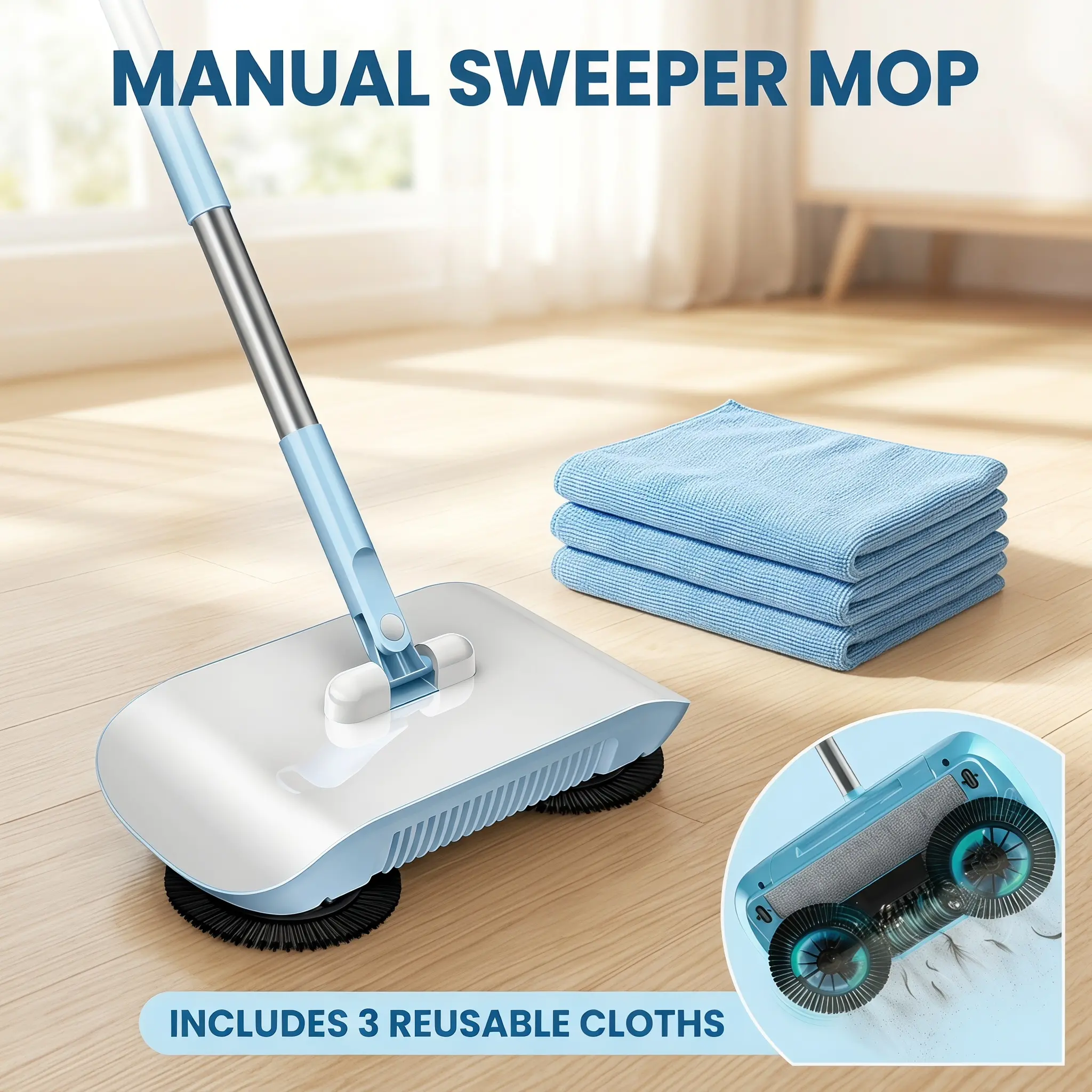 Manual Push Sweeper Mop with 3 Cloths, Battery-Free Hand Push Floor Cleaner, Lightweight Manual Floor Sweeping Tool for Hardwood & Tile Floorsv