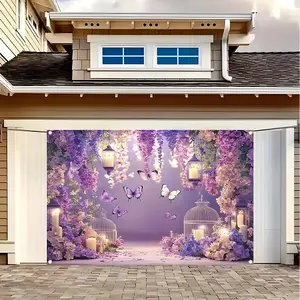 Elegant Purple Floral Butterfly Backdrop Banner, Fairy Wedding Party Decorations with Lantern Birdcage, Durable Polyester Fabric Photo Booth Prop, Reusable Easy to Clean, Perfect for Bridal Shower, Birthday, Tea Party, Bedroom Decor, Gift for Girls Women