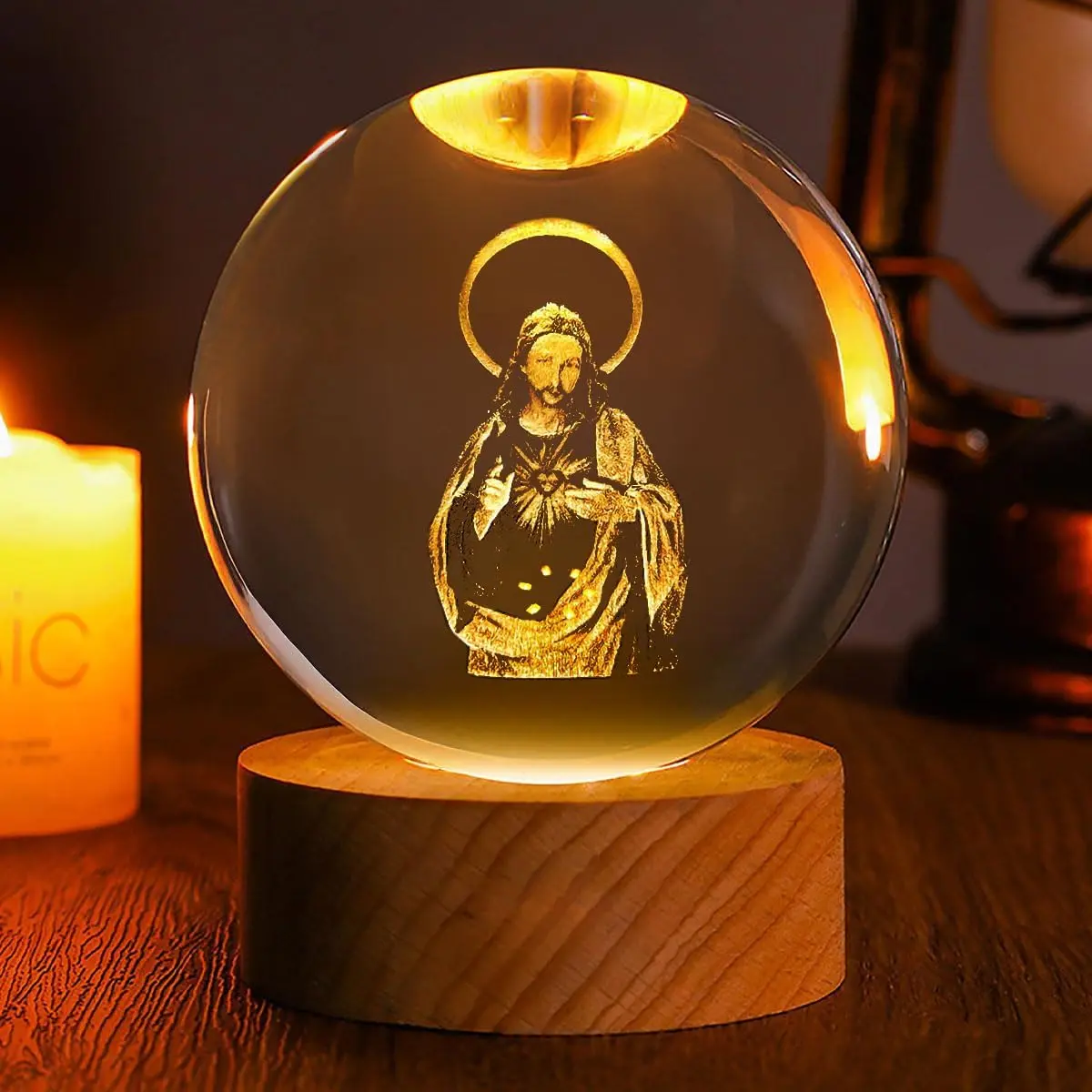 Sacred Heart of Jesus Luminous Glass Crystal Ball with Christian Wooden Frame Base, USB-Powered Warm Glow Jesus Figurine, Religious Home Decor for Desk Nightstand Bookshelf, Ideal Gift for Women