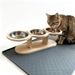 [Summervibes]Elevated cat bowl with 15° tilted wooden stand with 3 stainless steel cat bowls for indoor cats, small dogs and puppies cat stuff for indoor