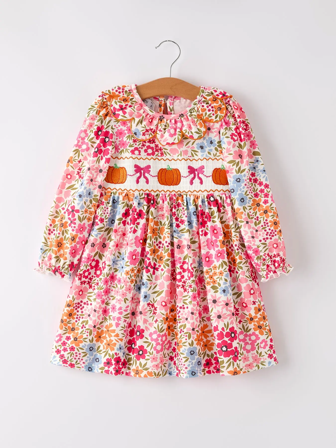 Fall Halloween & Thanksgiving Pumpkin Bow Smock Embroidered Floral Dress Little Girl Dress Smocked Toddler Dress