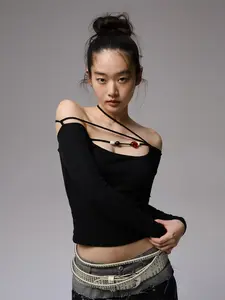 Women's Off Shoulder Long Sleeve Top with Beaded Straps – Slim Fit Asymmetric Knit, Black