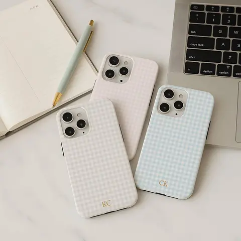 Monogrammed Fade-Resistant Custom Gingham Smartphone Case - Shockproof Polycarbonate Handheld Protection Accessory for iPhone 18,17,16,15,15 Plus,14,13,12,11,SE & Samsung S25,S24,S23 Devices