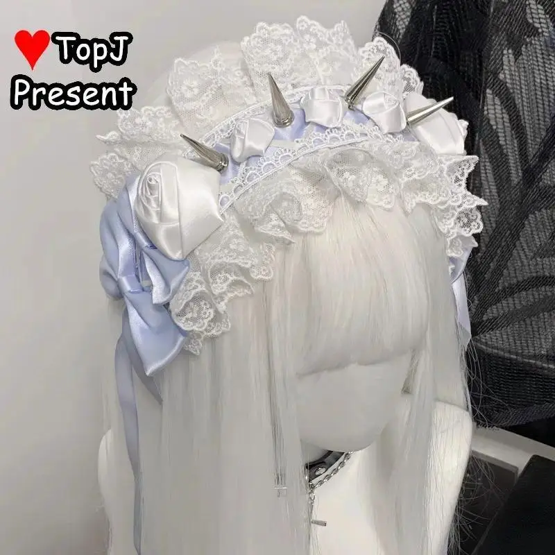 Handmade y2k girl Harajuku Cosplay sweet Lolita Japanese Gothic Lolita lovely subculture rose rivet lace flounce fold headband