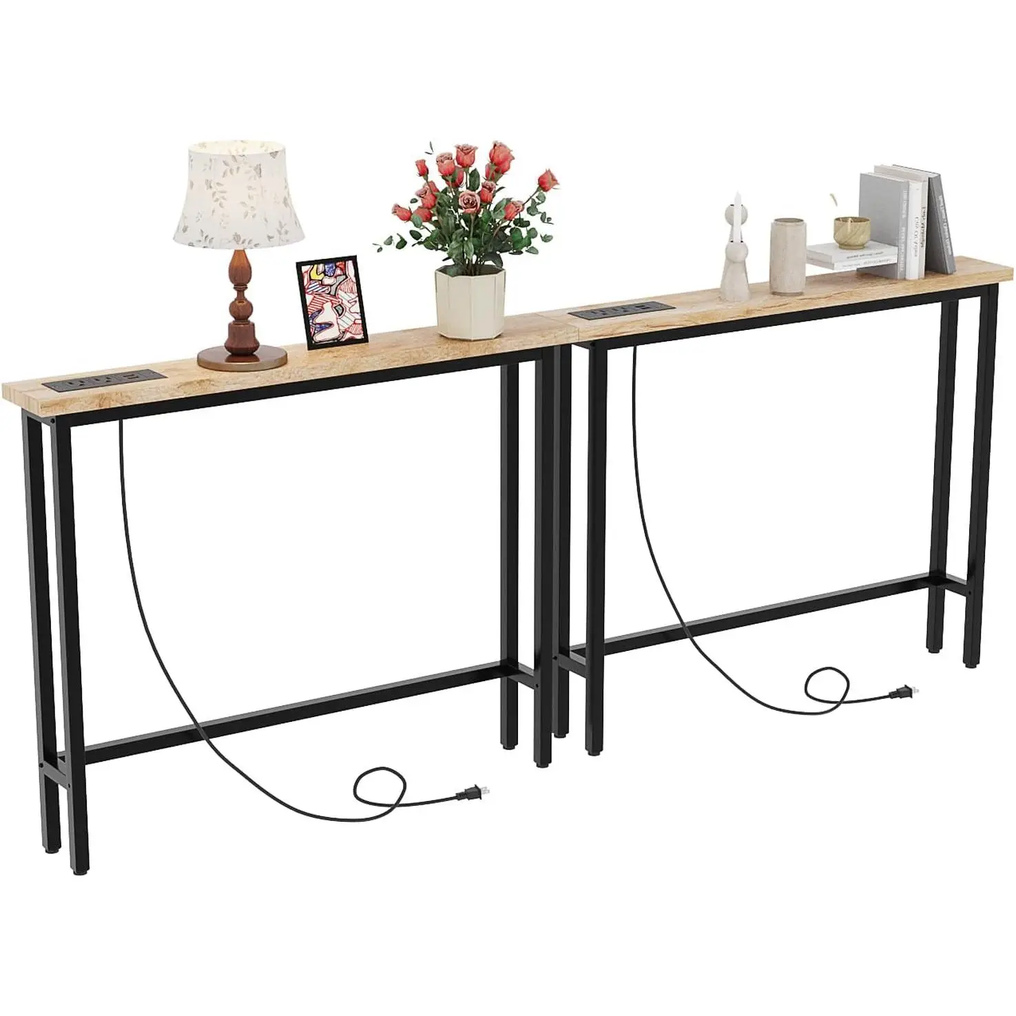 Winado 2 Pack 39.4" Narrow Console Sofa Table with Power Outlets and USB Ports, Long Couch Table with Metal Frame and Charge Station with 4.9ft Extens