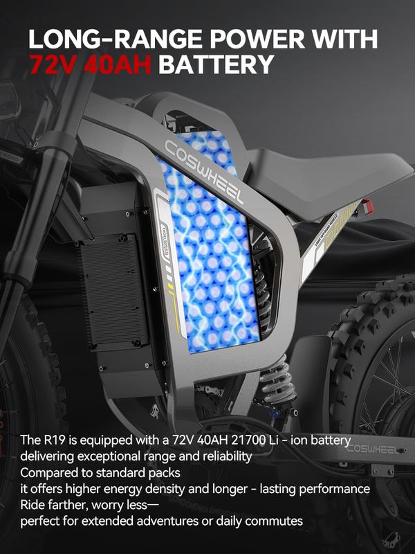 COSWHEEL R19 Adult Electric Bike 6000W 72V 40AH 19 Inch Tires 50MPH 125 Miles Range, frenos de disco hidráulicos duales, suspensión completa,Off-Road Electric Bike for Teenagers Snow Mountain.