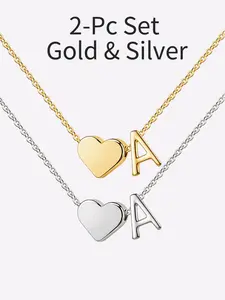2 Turandoss Tiny Initial Necklaces for Women Golden Heart Letter A-Z Alphabet Necklace Dainty Heart Name Necklace Personalized Initial Tag Pendant Birthday Gifts Anniversary Gifts Jewelry for Women Girls