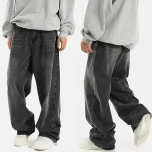 Comfortable and stylish unisex baggy jeans in washed black and grey denim, wide loose fit, beige, pocketed, plain