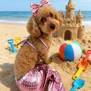 Mermaid Dog Cat Costume, Sparkly Fish Scale Pet Bikini with Bow, Teddy Small Dog Summer Beach Three-Piece Set, Outfits