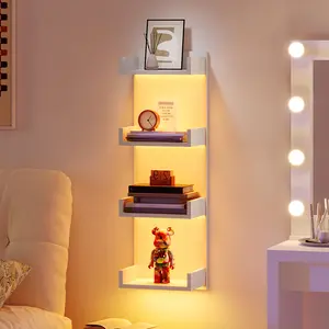 HOOBRO Wall Shelf with LED Remote Control Lights, 4-Tier Floating Shelves Wall-Mounted for Storage, Vertical Display Stand, Modern Column Rack, for Bedroom, Living Room, Hallway, White Interior Decoration Items