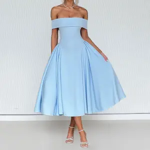 Women's Off-Shoulder Light Blue Midi Dress A-Line Formal Party Gown for Workwear Elegant Stylish Versatile Use Comfortable Fit