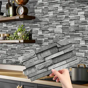12/24/48PCS Gray-White-Black Faux Stacked Stone Wall Stickers | PVC Crystal Film | Waterproof Oil-Proof Self-Adhesive for Kitchen Bathroom(XY-HTP)
