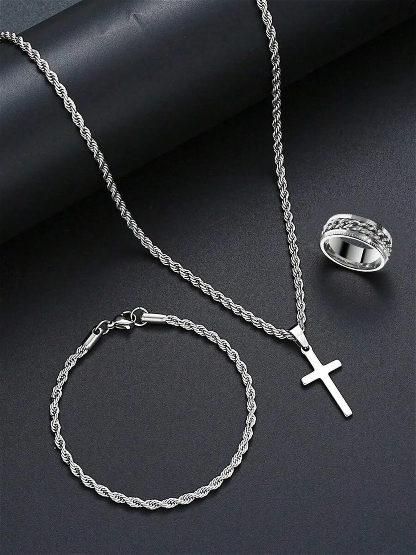 Men's Matching Elegant Western Fashion Jewelry Set with Cross Pendant Necklace, Hollow Chain Bracelet, Ring, Stainless Steel, Hypoallergenic, Perfect Gift, fashionable jewelry set, Necklace and Bracelet Set