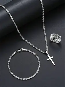 Men's Matching Elegant Jewelry Set with Cross Pendant Necklace, Hollow Chain Bracelet, Ring, Stainless Steel, Hypoallergenic, Perfect Gift