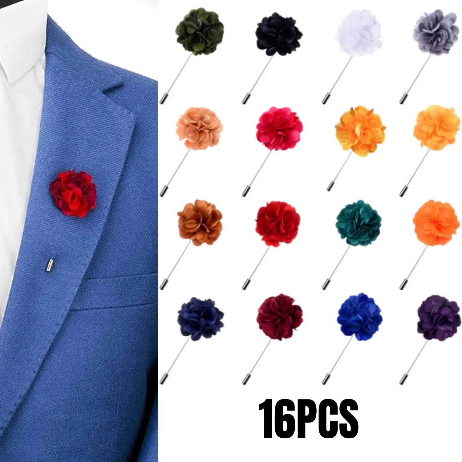 16PCS Flower Men's Lapel Pins Handmade Satin Pin for Suit Wedding Groom Formal Dinner, Business Meeting, Anniversary, Prom, Homecoming Celebration