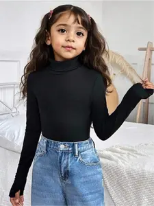 Girls' solid color knitted high neck long sleeved base top, fashionable and simple, versatile style, suitable for multiple scenarios, a dressing tool, comfortable and breathable, machine washable and dry cleanable, girls' clothing