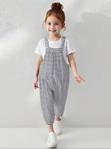 Girls' Striped Strap Pants, Spring & Fall Casual Fashion, Vertical Stripe Design, Perfect for Daily, Kids Clothing, Striped Pattern