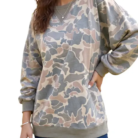Women's Oversized Camo Long Sleeve Casual Crewneck Drop Shoulder Pullover Tops Long Sleeve Ribbed Knit Loungewear