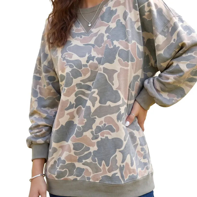 Women's Oversized Camo Long Sleeve Casual Crewneck Drop Shoulder Pullover Tops Long Sleeve Ribbed Knit Loungewear