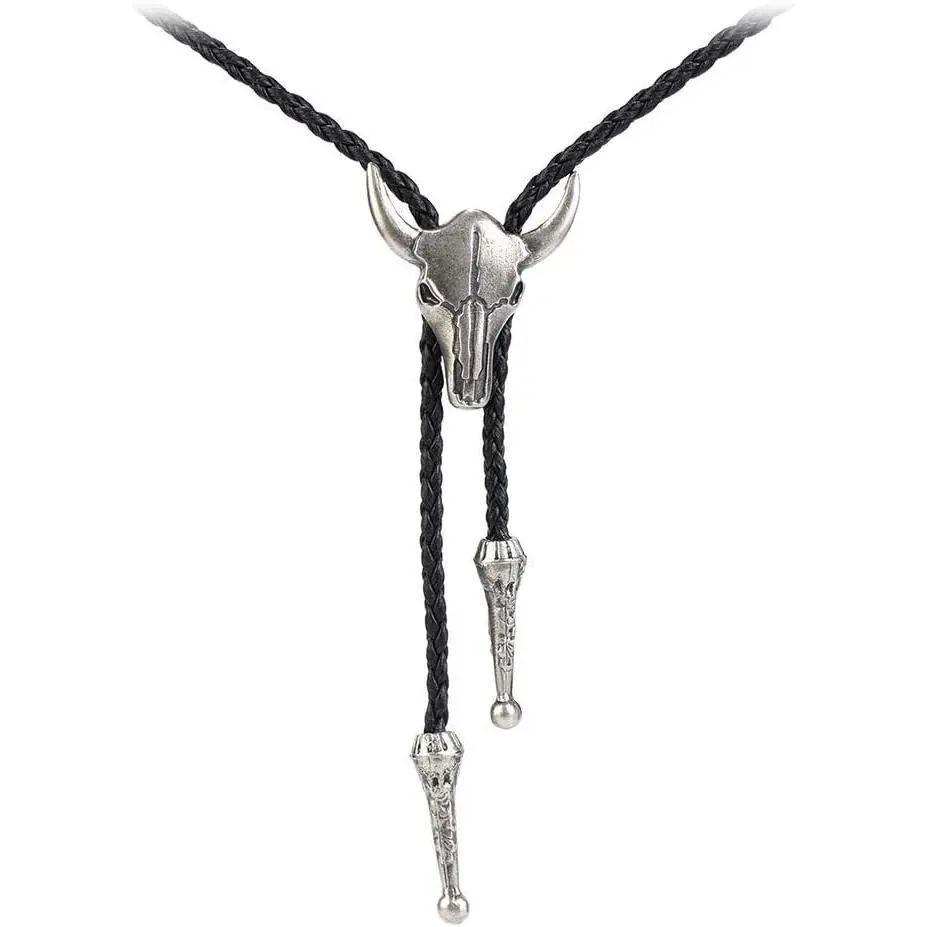 Urban Cowboy Bolo Necklace with Endless Slider, Stylish Western Longhorn Skull Design on a 42.5" Rope, Fashion Casual Unisex Accessory, Fashion Casual Tie, Stylish Tie Design, Christmas, Birthday, Casual Wear