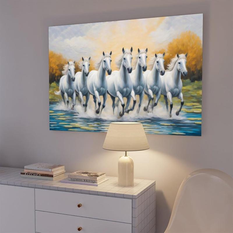 Seven White Horses Canvas Poster Wall Art Decor Vastu Print Picture for Office Room Decoration Frame-style Frame-style08x12inch(20x30cm)