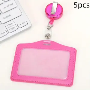5-Piece PU Leather Card Holder Set, Unisex Badge Clip for Office Bus ID Hospital School Access Cards, Horizontal Card Organizer