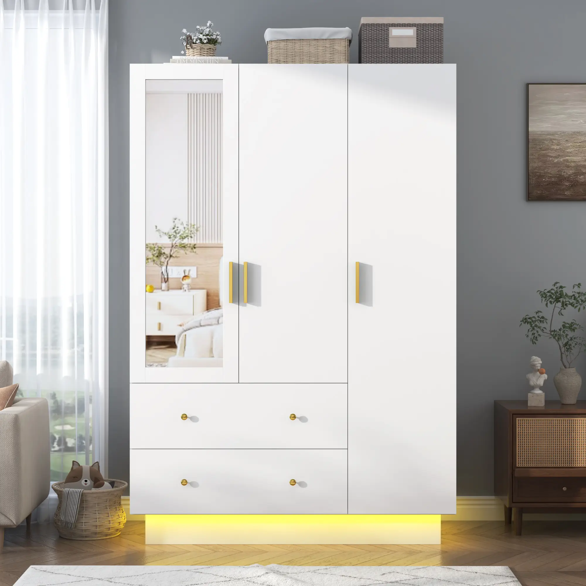 3 Doors Armoire Wardrobe Closet with Mirror LED Armoire with Doors and Drawers Wooden Armoire Storage Cabinet with Hanging Rod Adjustable Shelves Whit