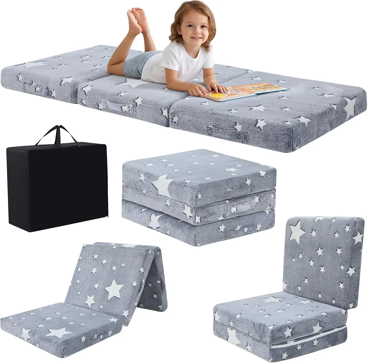 Glow Star Kids Foldable Floor Mattress Trifold, 57x22 Inch Grey | Glow star trifold mattress for classroom flexible seating, reading, camping