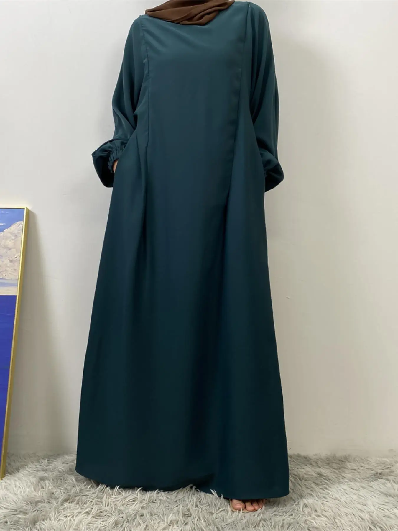 Women's Solid Bishop Sleeve Zipper Design Dress without Hijab, Modest Long Sleeve Round Neck Long Dress for Daily Wear, Ladies Islamic Clothing for Al