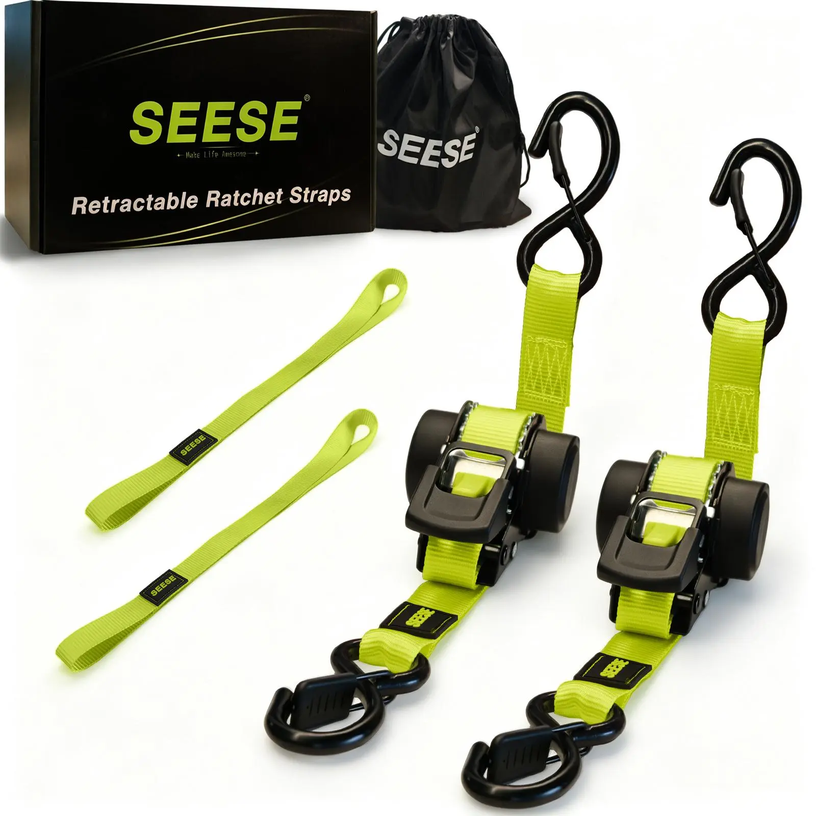 SEESE Car Tie Downs with Ratchets 1"x 11 ft-1550 LB Break Strength Cargo Straps for Moving Appliances, Lawn Equipment, Motorcycle Green