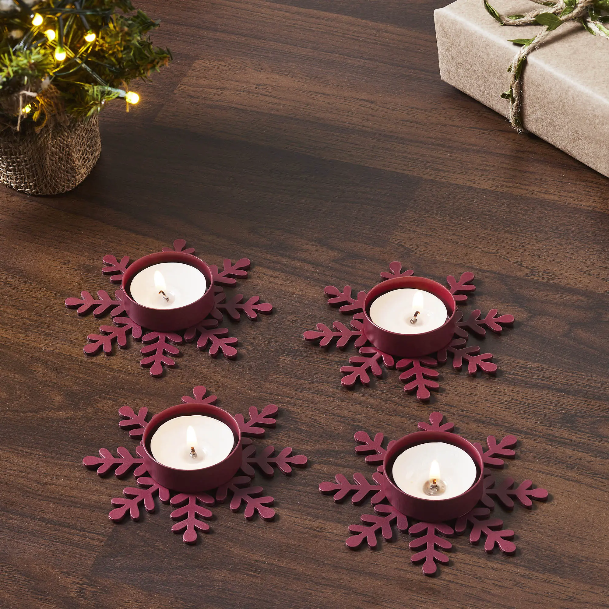 Snowflake Tealight Holder Set of 4, Burgundy, Rustic Distressed Look for Kitchen & Living Room Holiday Glow Home Decor Candle Holder, Decorative Design Candleholder