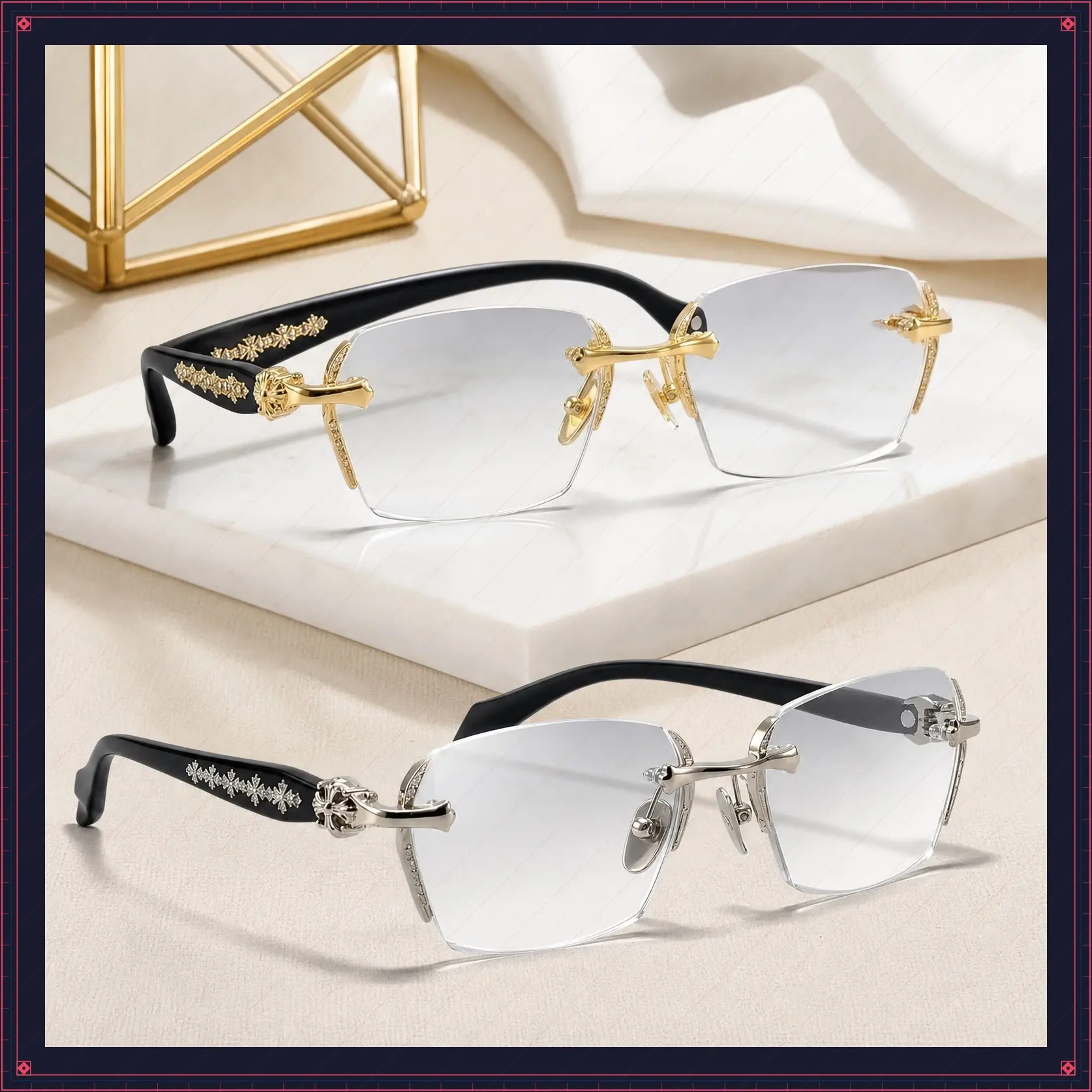 EUNOIALENS Women's Non-Prescription Semi-Rimless Blue Light Blocking Glasses - Trendy Geometric Polygon Metal Frame, Crystal Diamond Embellished Black Temples, Clear Lens Computer Gaming Eyewear