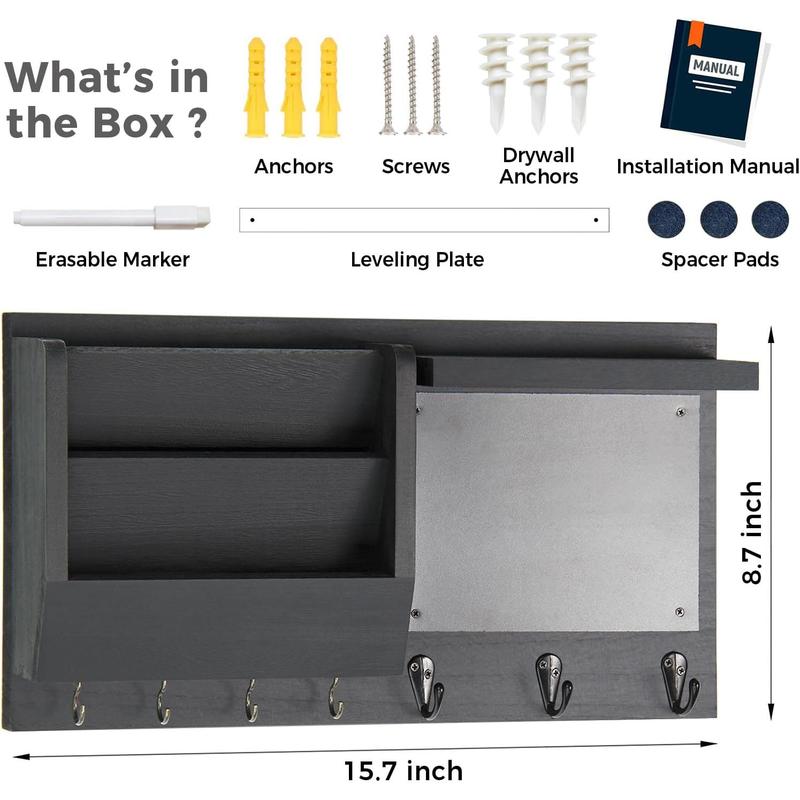 F-HP10  Key Holder for Wall - Mail Holder Organizer Wall Mount with Shelf - Hanging Key Rack Hanger with Hooks Decorative for Home Coat Letter Dog Leash Entryway Living Room Decor Farmhouse Metal