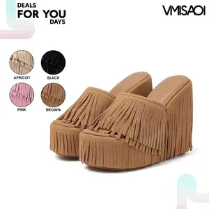 VIMISAOI Womens Wedge Fringe Platform Sandals Open Round Toe Wedge Slip On Fringe Boho Cowboy Style Tassel Comfortable Western Vintage Country Festival Wedding Outing Date Casual Vacation Walking Suede Slides Summer Dress Shoes Deals For You Days