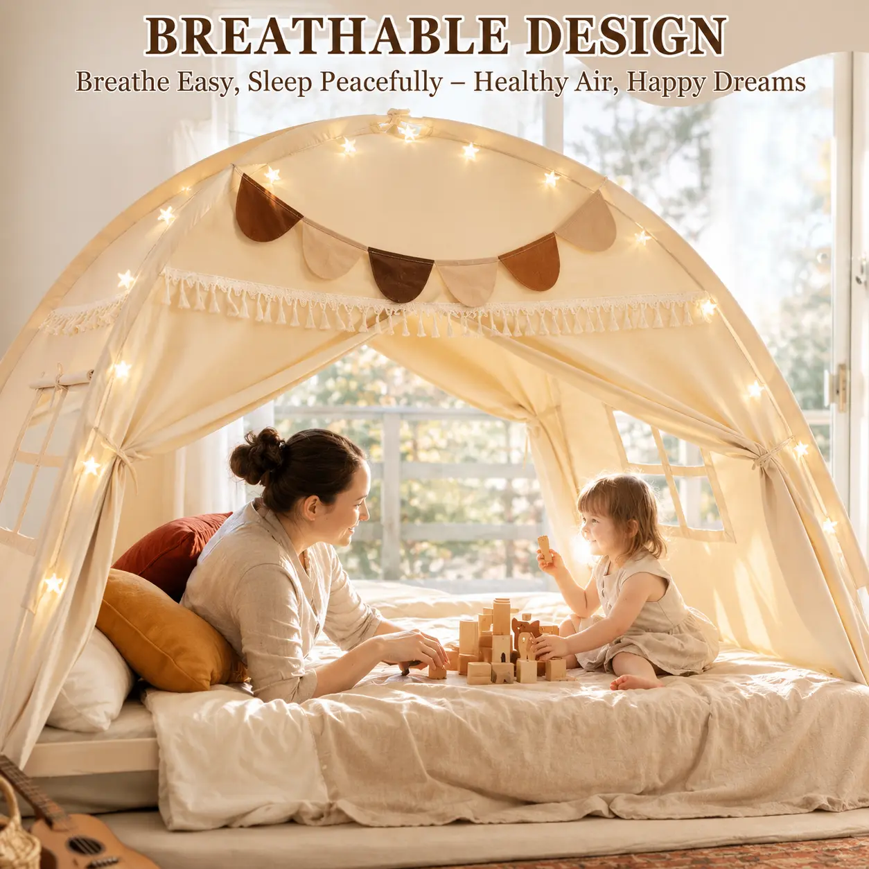 Toddler Foldable Teepee Game Tent - Warm and Cozy Playroom Accessory with Star Lights Decor, for Indoor Reading, Privacy Sleeping & Light Outdoor Camping Activity, Light Outdoor Activity