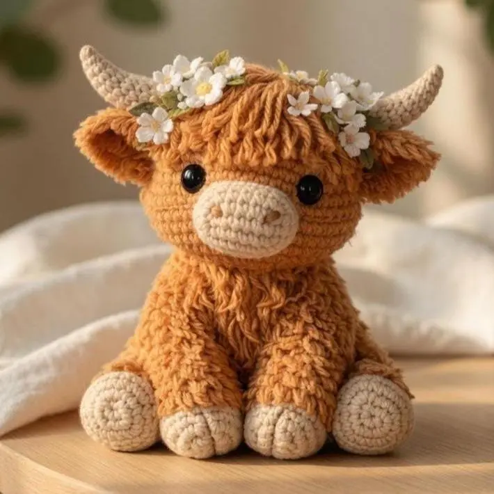 Highland Cow Crochet Plush, Handmade Amigurumi Cow Doll, Floral Highland Cow Stuffed Animal, Farmhouse Gift